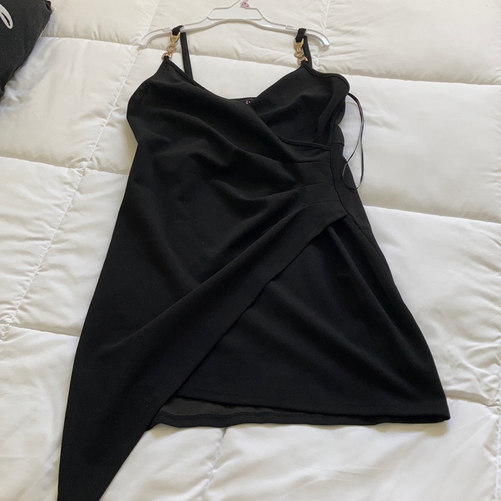 Black dress with gold straps asymmetric design